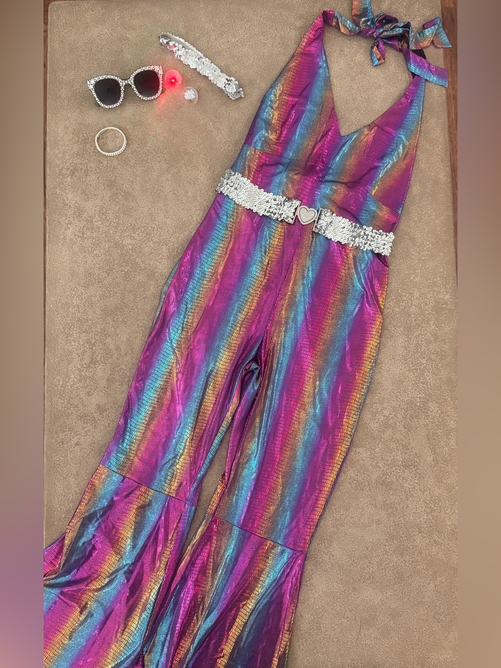 Disco Ball Hippie Jumpsuit Halloween Costume Bell Bottom Halter Iridescent